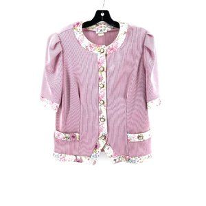 Vintage T F 80'sPink Floral Trim Faux Pearl Button Shoulder Pads Blouse Size 16